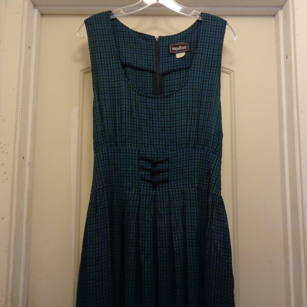 PREPPY SCHOOLGIRLCORE KAWAII VINT GREEN & BLACK PLAID WAIST CORSET MAXI DRES…